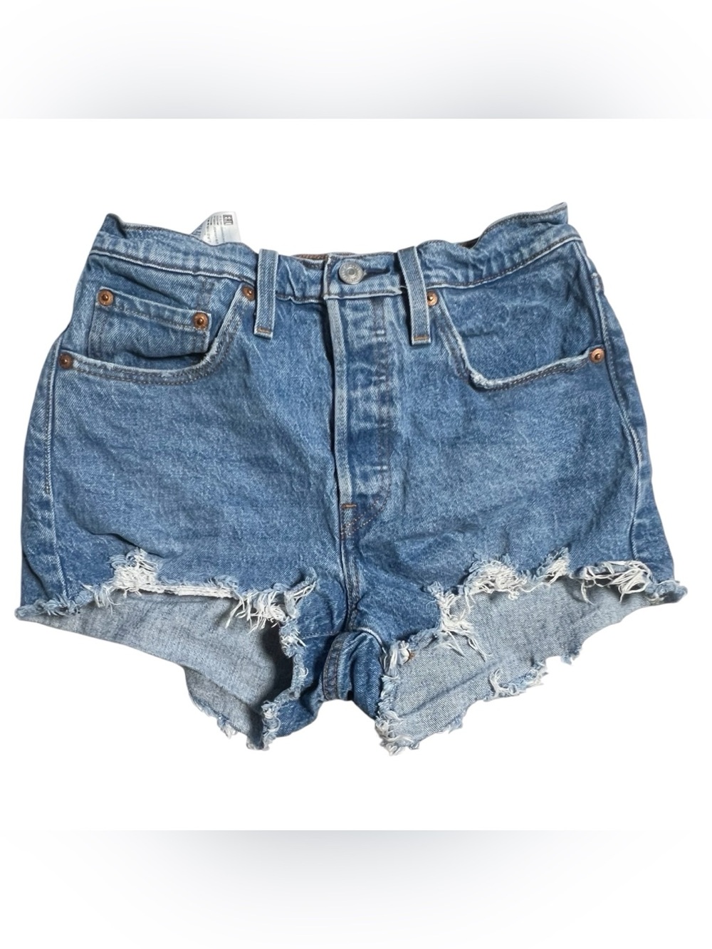 Levi’s 501 button fly medium wash denim cut off shorts waist size 26”